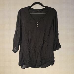 Lightweight Black Peasant Blouse Melange Sheer V-Neck Roll Sleeve L Large Top